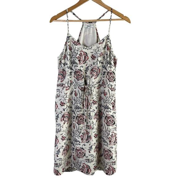 Madewell 100% Silk Floral Dress‎ Waist Tie with Pockets Cream Gray Red, Size 4 - Picture 2 of 12